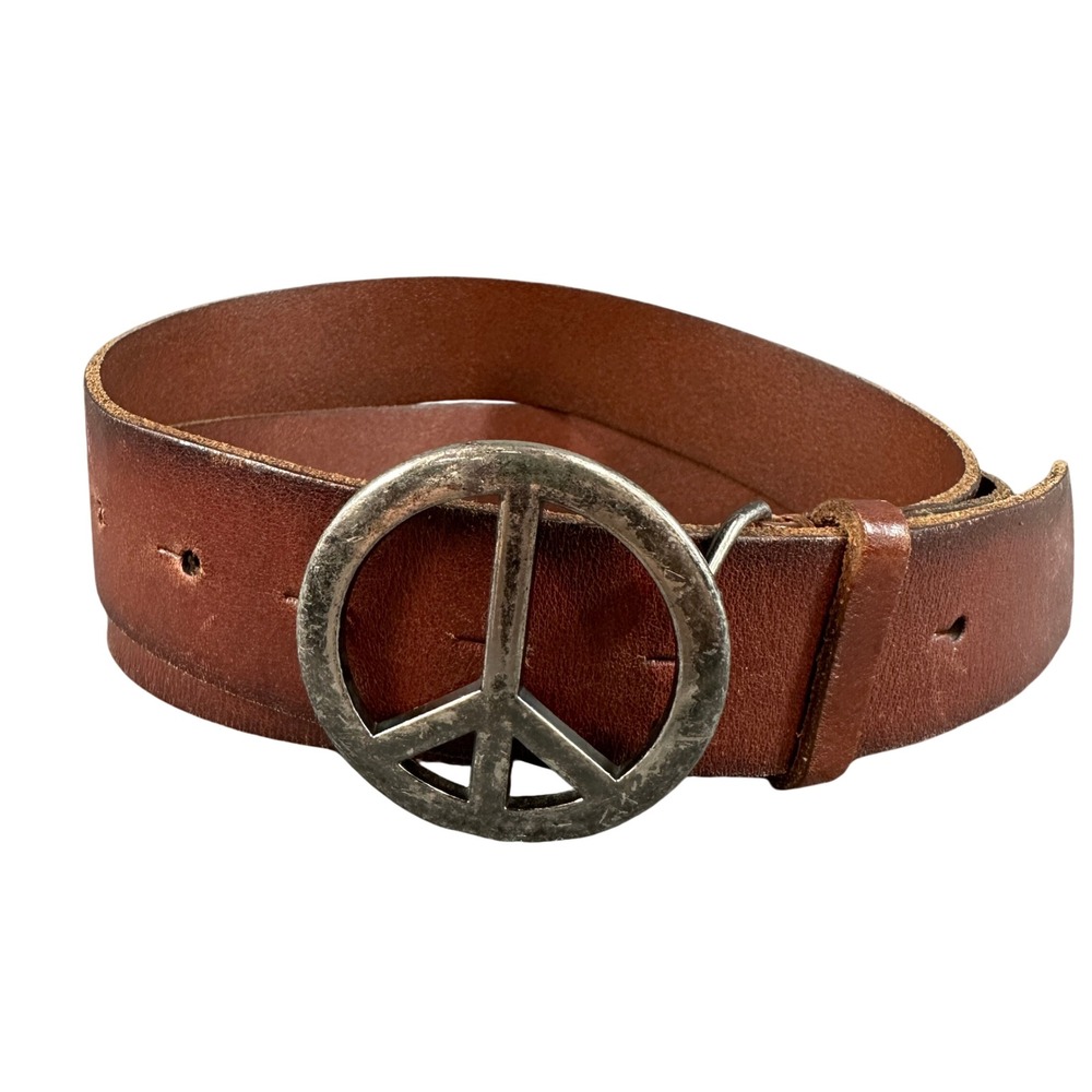 American Eagle Vintage Peace Sign Buckle Brown Leather Belt Hippie Boho Retro XL